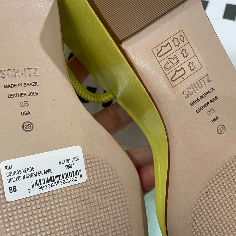 NIB SCHUTZ chartreuse LEATHER strappy wedge sandals lime apple zesty yellow 6.5 - Picture 11 of 16